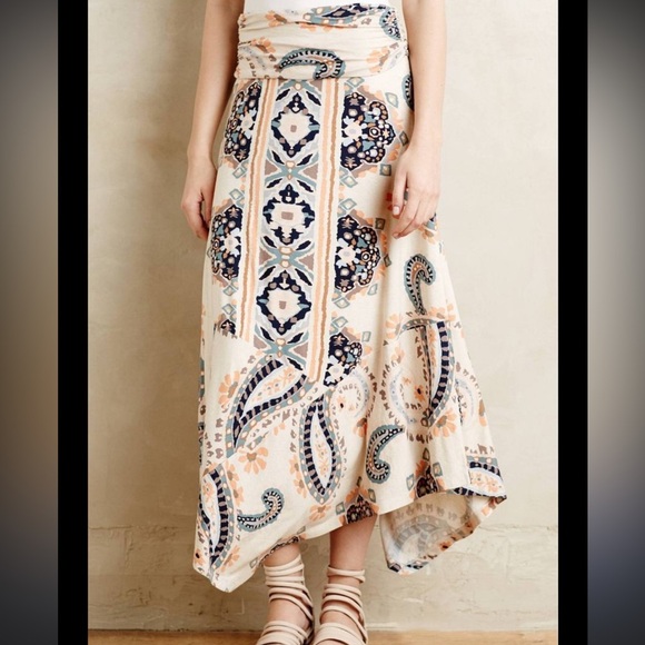Anthropologie Maeve Asymmetrical Paisley Fold Over Waist Midi Skirt Size Large